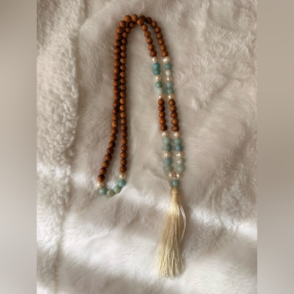 Pearls, Sandalwood & Amazonite Mala Necklace